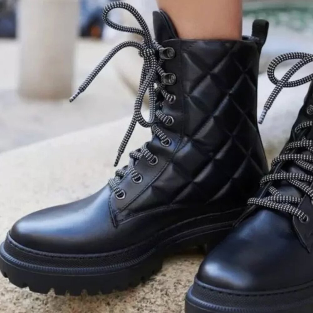 M. Gemi Black The Etta Leather Quilted Moto Boots Lace Up, 41 (10.5 US)